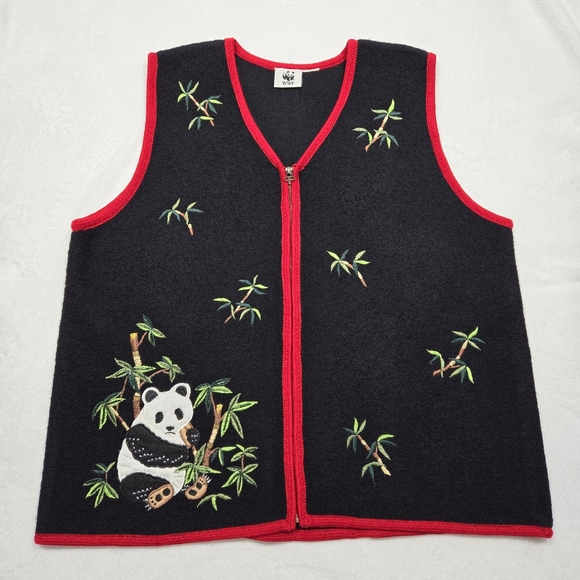 Vintage World Wildlife Fund (WWF) Boiled Wool Panda Bear Grandma Vest Size XL - Picture 1 of 9